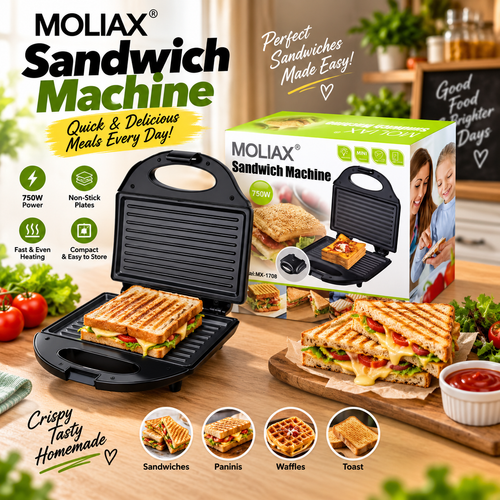 MOLIAX  MX1708 | 2-Slice Grill Maker 750W – Non-Stick Sandwich & Panini Maker Non-stick Plates, Bread Sandwich Maker