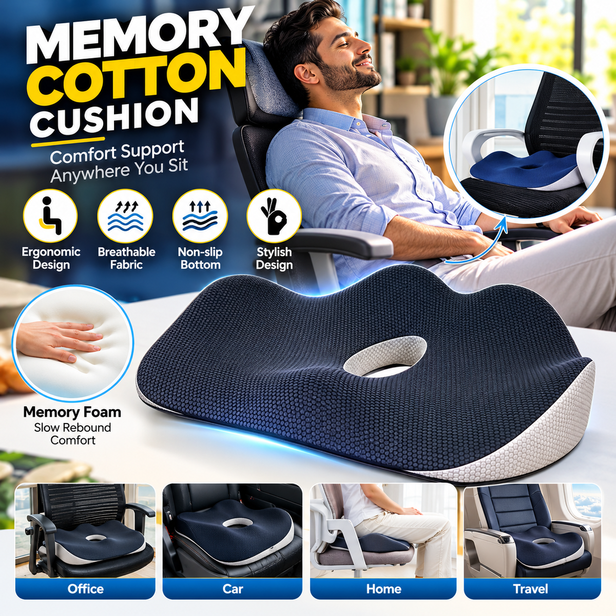 DENX  Memory Cotton Ergonomic Foam Seat Cushion – Posture Support Seat Cushion, Breathable Non-Slip Orthopedic Chair Pillow with Center Pressure Relief Hole | DX3701