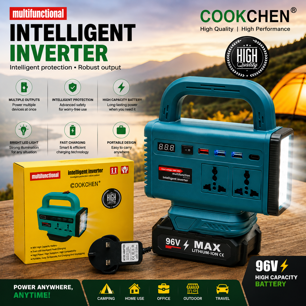 COOKCHEN | 96V All In One Portable Power Station | Multi-Function Inverter with LED Light