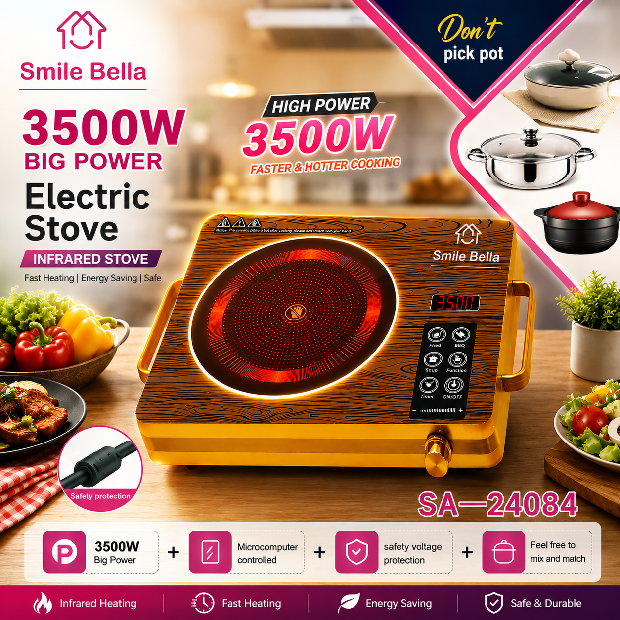 Smile Bella | 3500W Infrared Electric Stove  - 4 Digit LED display digital cooker, Timer system, Touch and Knob control Induction Cooker with Over Heat Protection,Ceramic Heating Element SA-24084