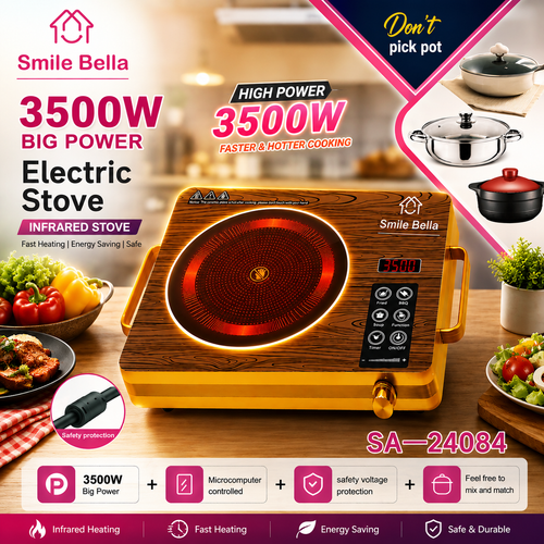 Smile Bella | 3500W Infrared Electric Stove  - 4 Digit LED display digital cooker, Timer system, Touch and Knob control Induction Cooker with Over Heat Protection,Ceramic Heating Element SA-24084