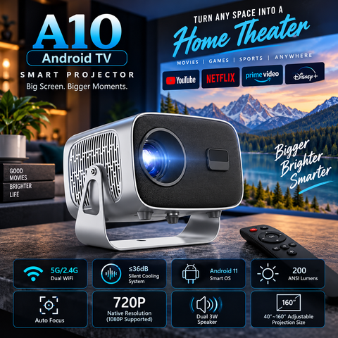 A10 Android Projector Support WIFI/BT5.0 4K Portable Projector with Autofocus & Keystone 5W Speakers Smart Home Projector for Phone Laptop