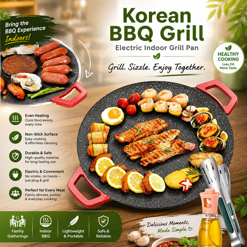 Non-Stick Electric Indoor Grill Pan, Smokeless Korean Grill Pan,28CM Multi Functional Electric Grill, Cooking Griddle Pan, Korean Style Bbq Grill Pan, Electric Baking Tray 800w Even Heating