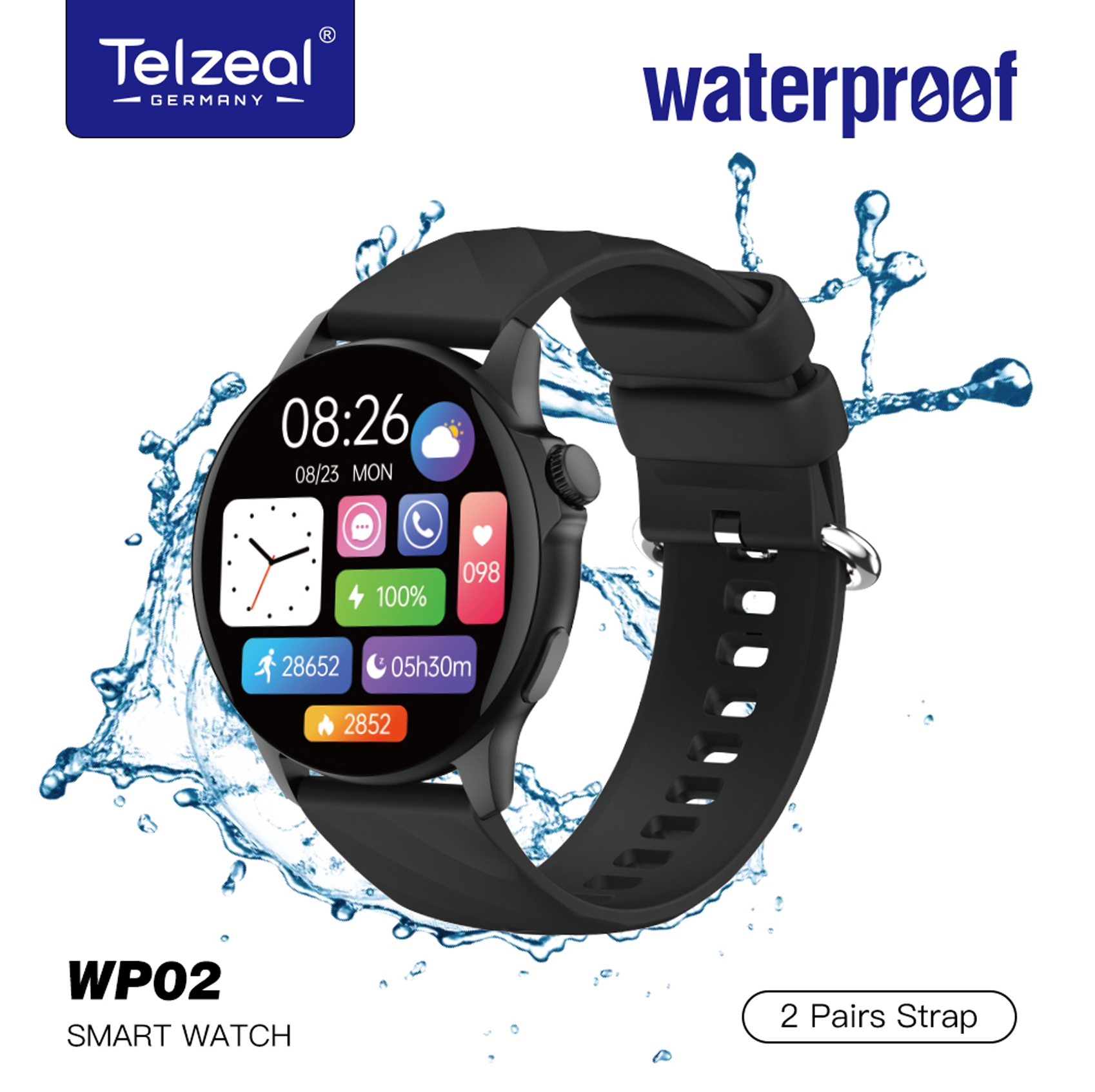 WP02 Waterproof Smartwatch – Fitness & Health Tracker | Heart Rate, Sleep, Multi-Sport, Call & App Notifications | Long Battery | IP68 Water Resistant