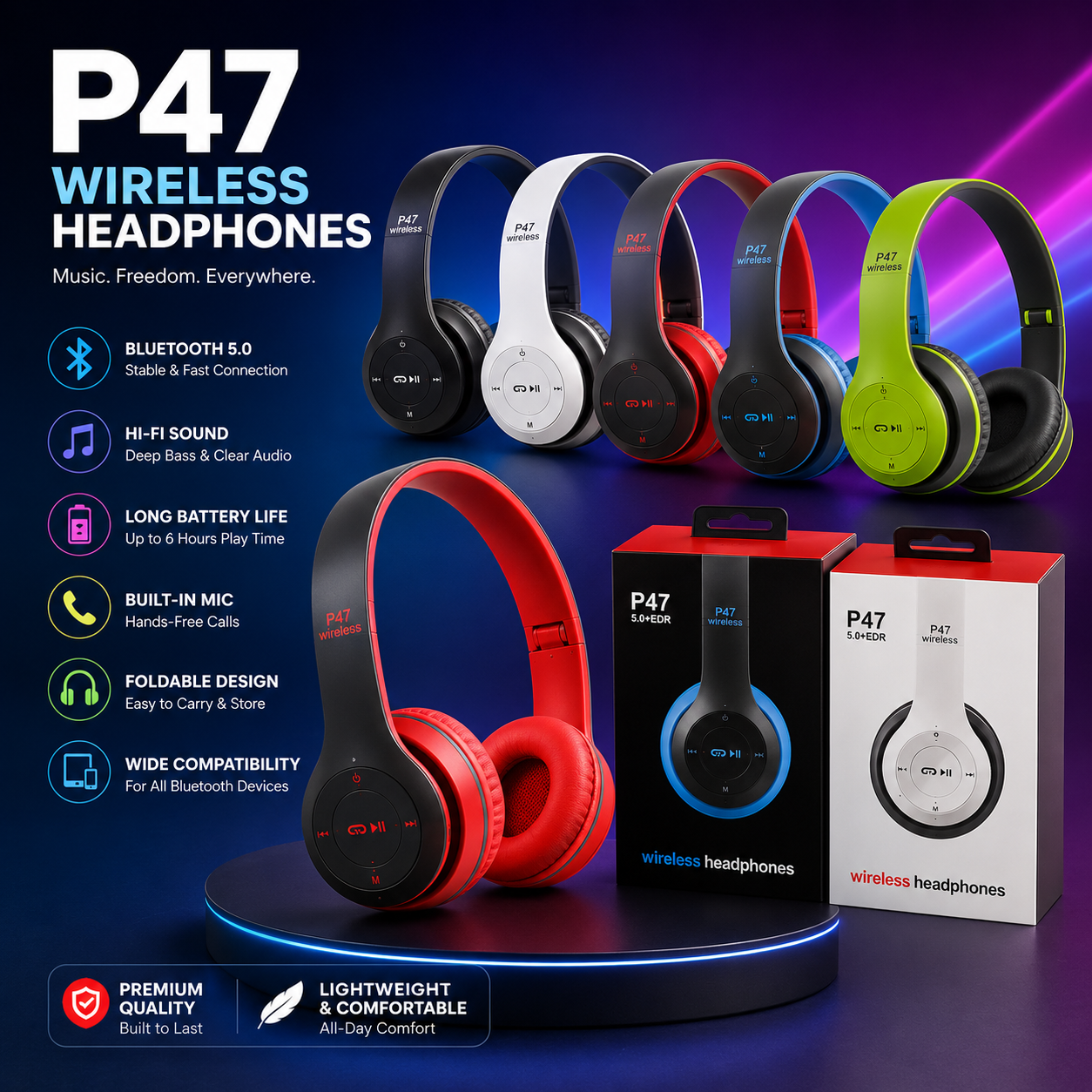 P47 Wireless Bluetooth Headphones | Foldable Stereo Headset with Built-in Microphone & Deep Bass