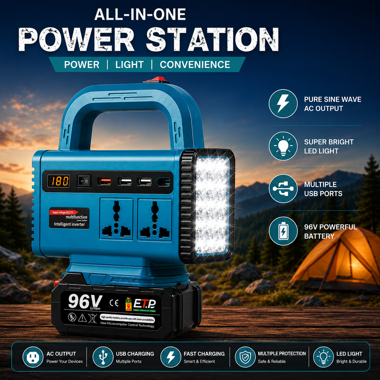 COOKCHEN | 96V All In One Portable Power Station | Multi-Function Inverter with LED Light
