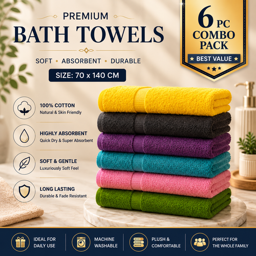 6pc Pack | Premium Quality Bath Towel - 100% Cotton, Size 70 X 140 Cm, Multi Color | Round Shape, Plain Style, Compressed Feature, Handmade Technics