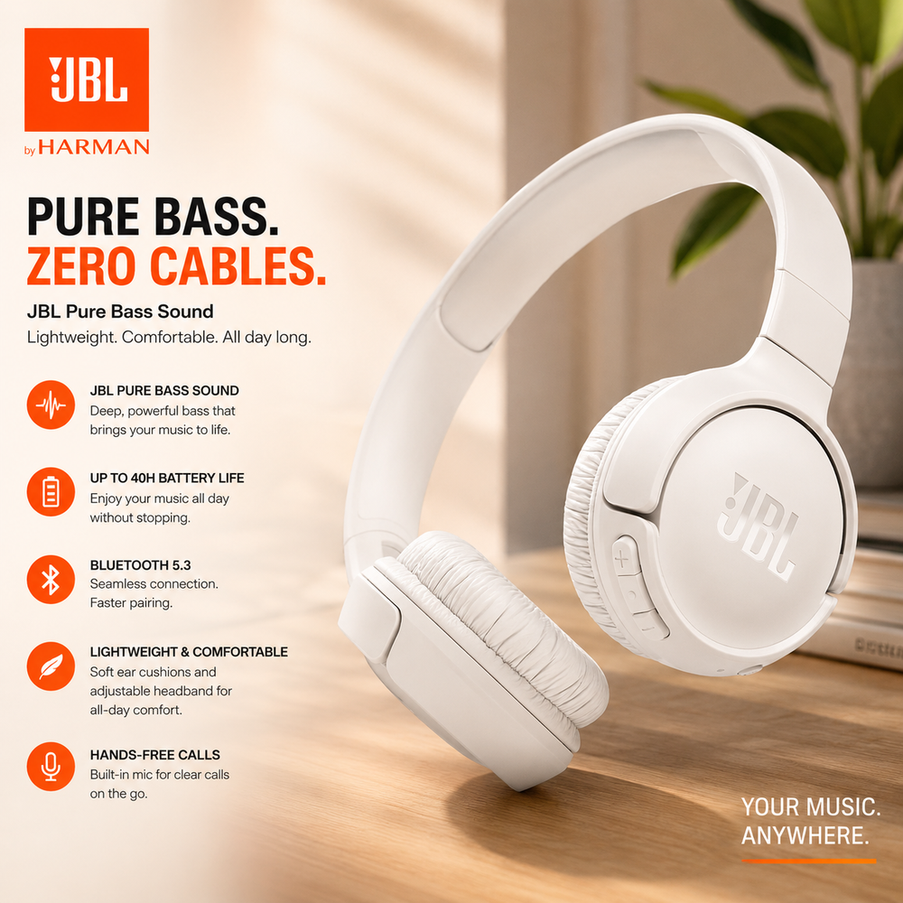 JBL Tune 720BT Wireless Over-Ear Headphones, Pure Bass Sound, Bluetooth 5.3, Hands-Free Call, Multi-Point Connection, Foldable - White
