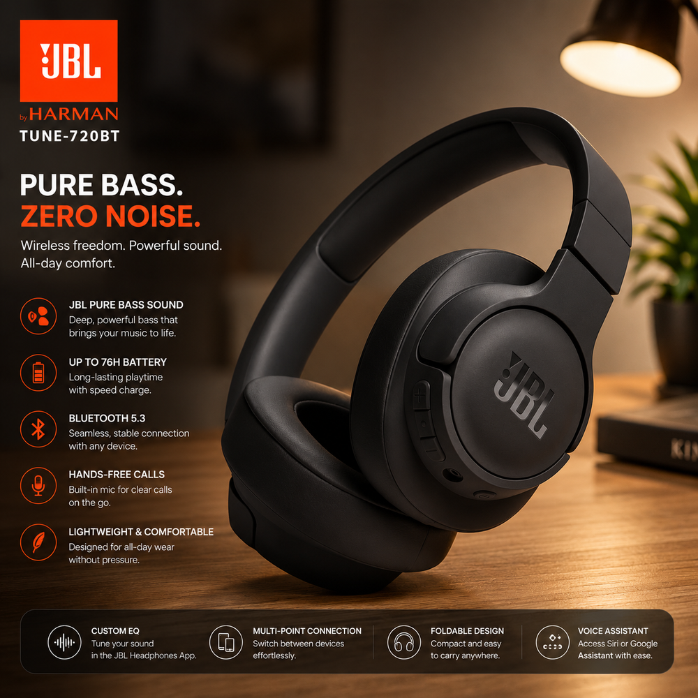 JBL Tune 720BT Wireless Over-Ear Headphones, Pure Bass Sound, Bluetooth 5.3, Hands-Free Call, Multi-Point Connection, Foldable - Black