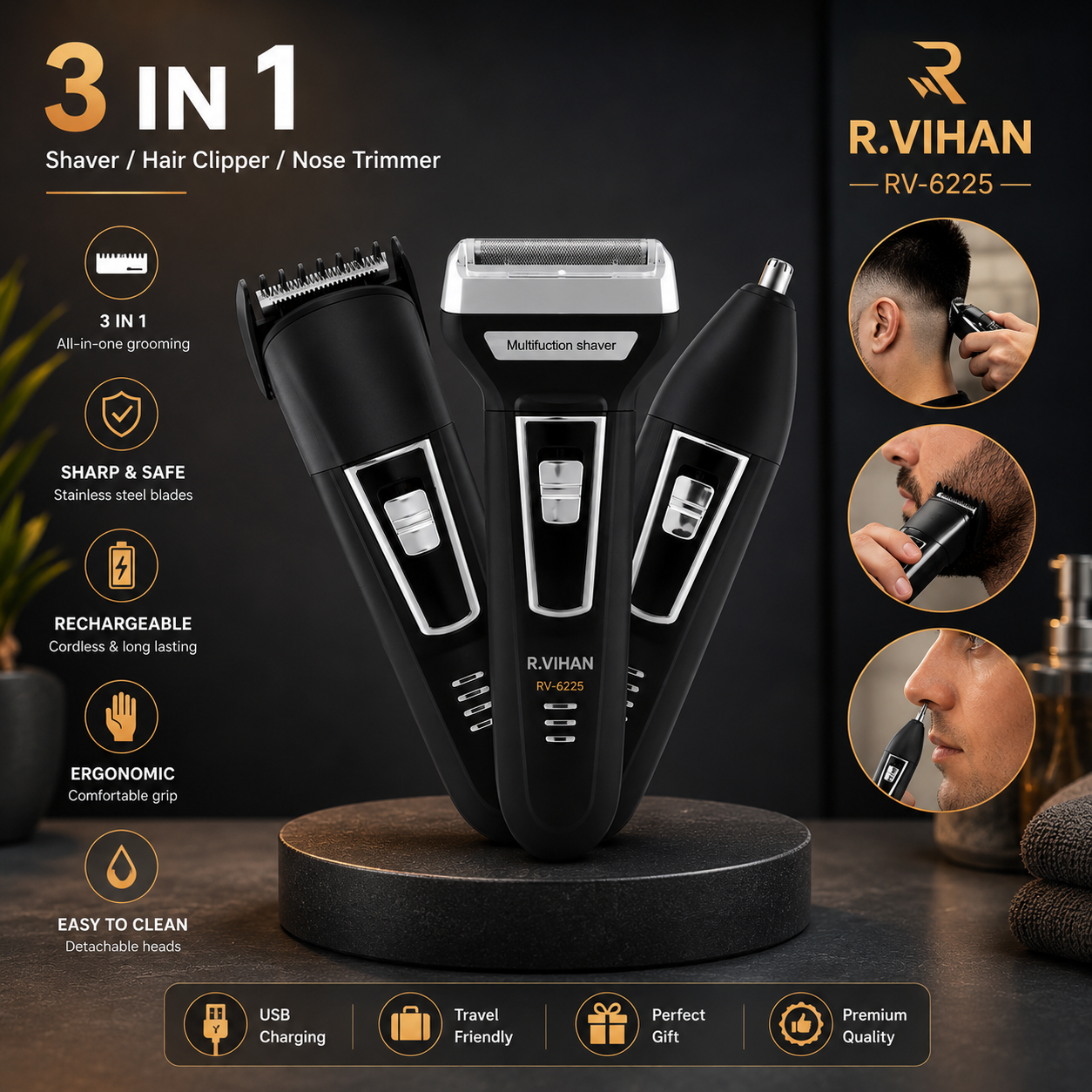 R VIHAN RV-6188 3-in-1 Rechargeable Electric Grooming Kit – Hair Clipper, Foil Shaver & Nose Trimmer for Men