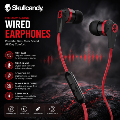 Skullcandy Wired In-Ear Earphones with Mic – Deep Bass Stereo Sound | 3.5mm Jack