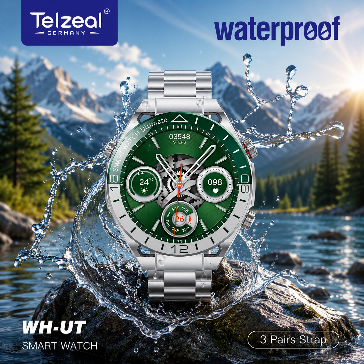 Telzeal WH-UT Smartwatch with Waterproof Max Screen Wireless Charging and 3 Pair Straps,Designed for Men- Silver