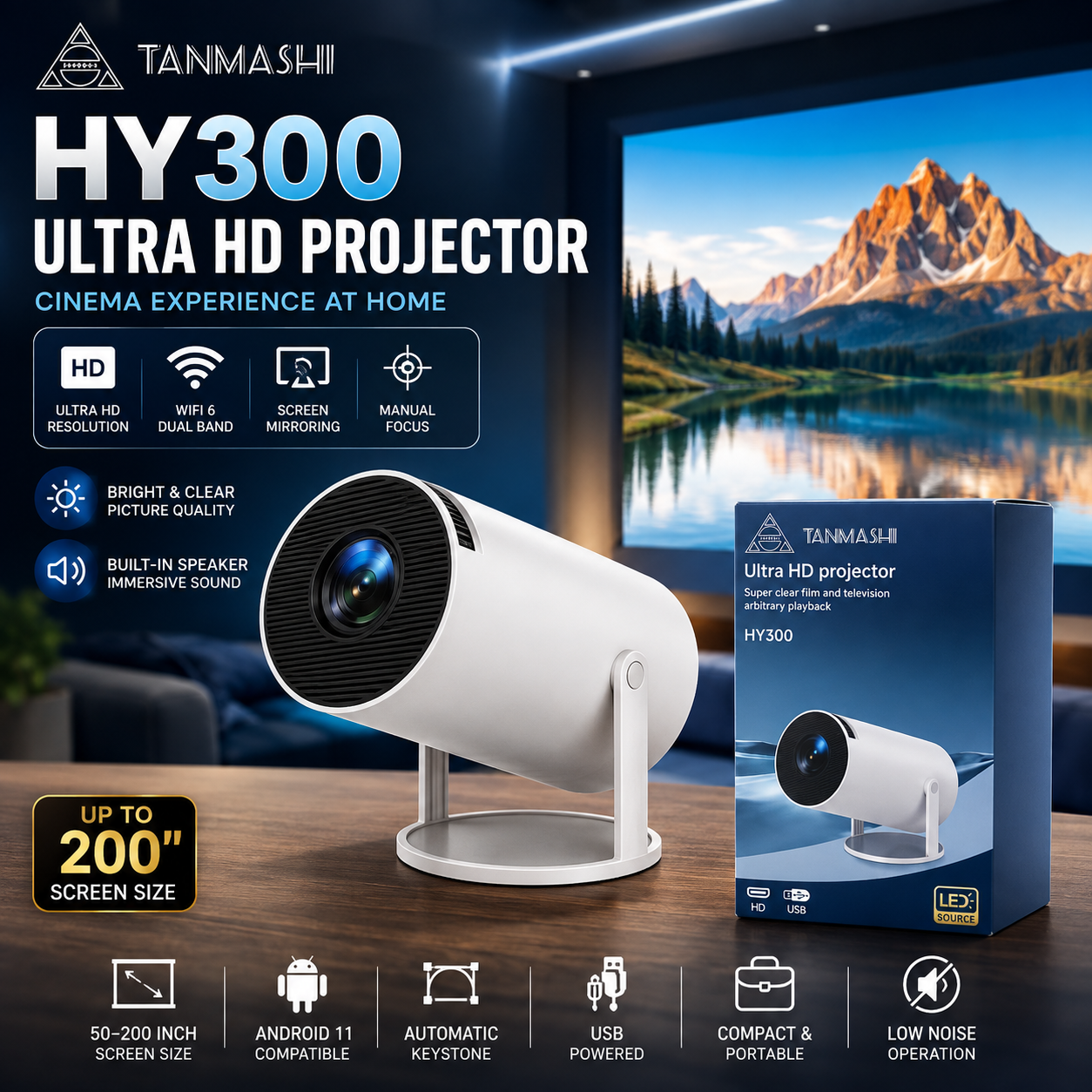 TANMASHI HY300 Ultra HD Portable Smart Projector | WiFi, Bluetooth, 1080P Support, Mini Home Theater
