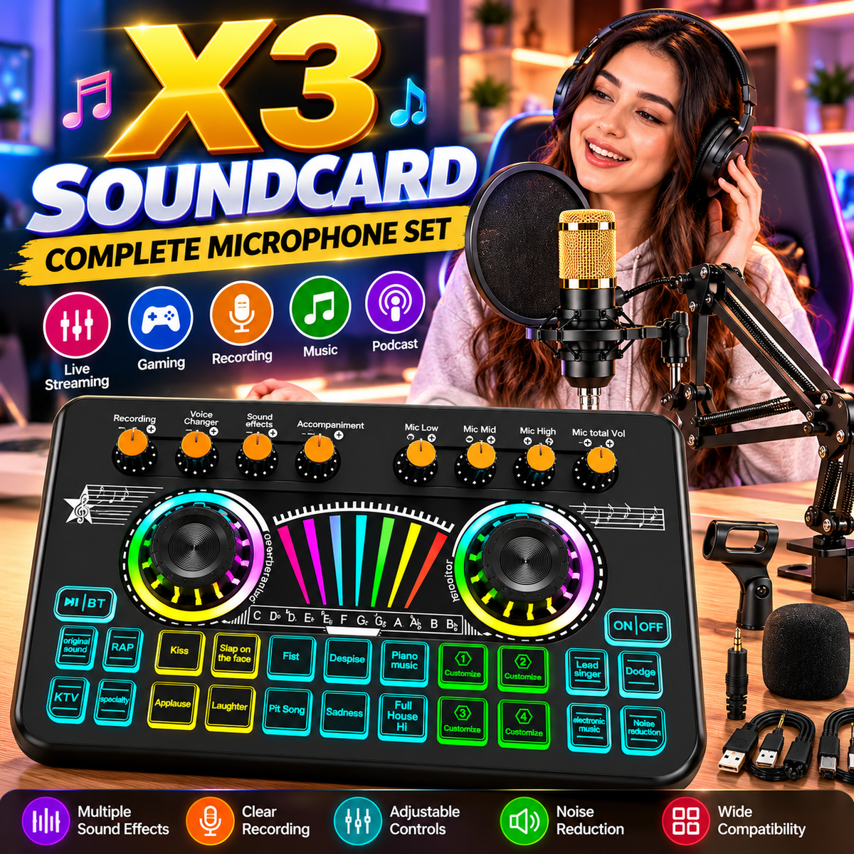 X3 Sound card With BM800 Complete Microphone Set – RGB Audio Mixer for Podcasting, Gaming, Recording & Live Streaming