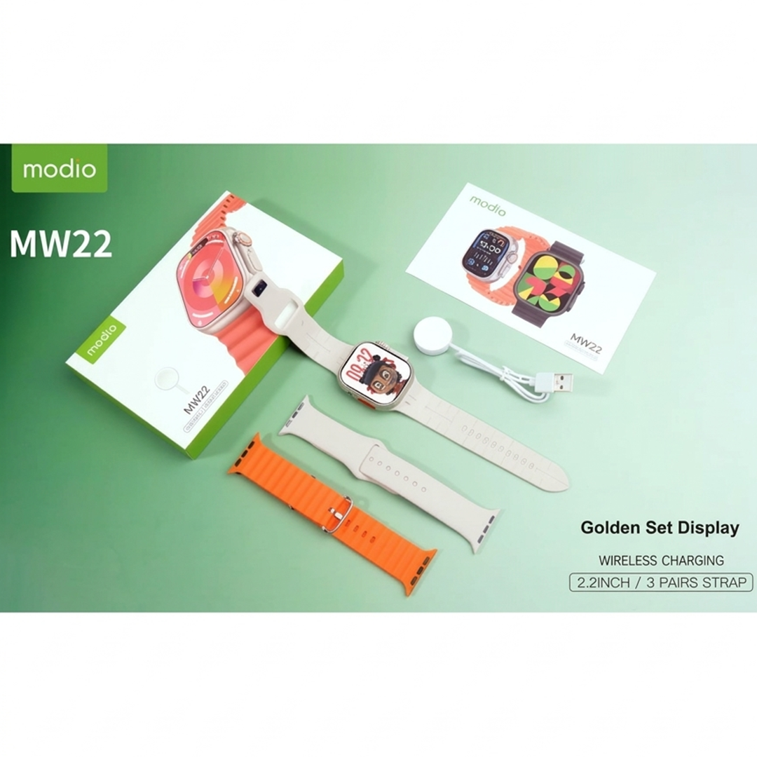 Modio MW22 Smartwatch 2.2 Inch Display With 3 Pair Straps and Charging Cable Designed for Ladies and Gents Gold