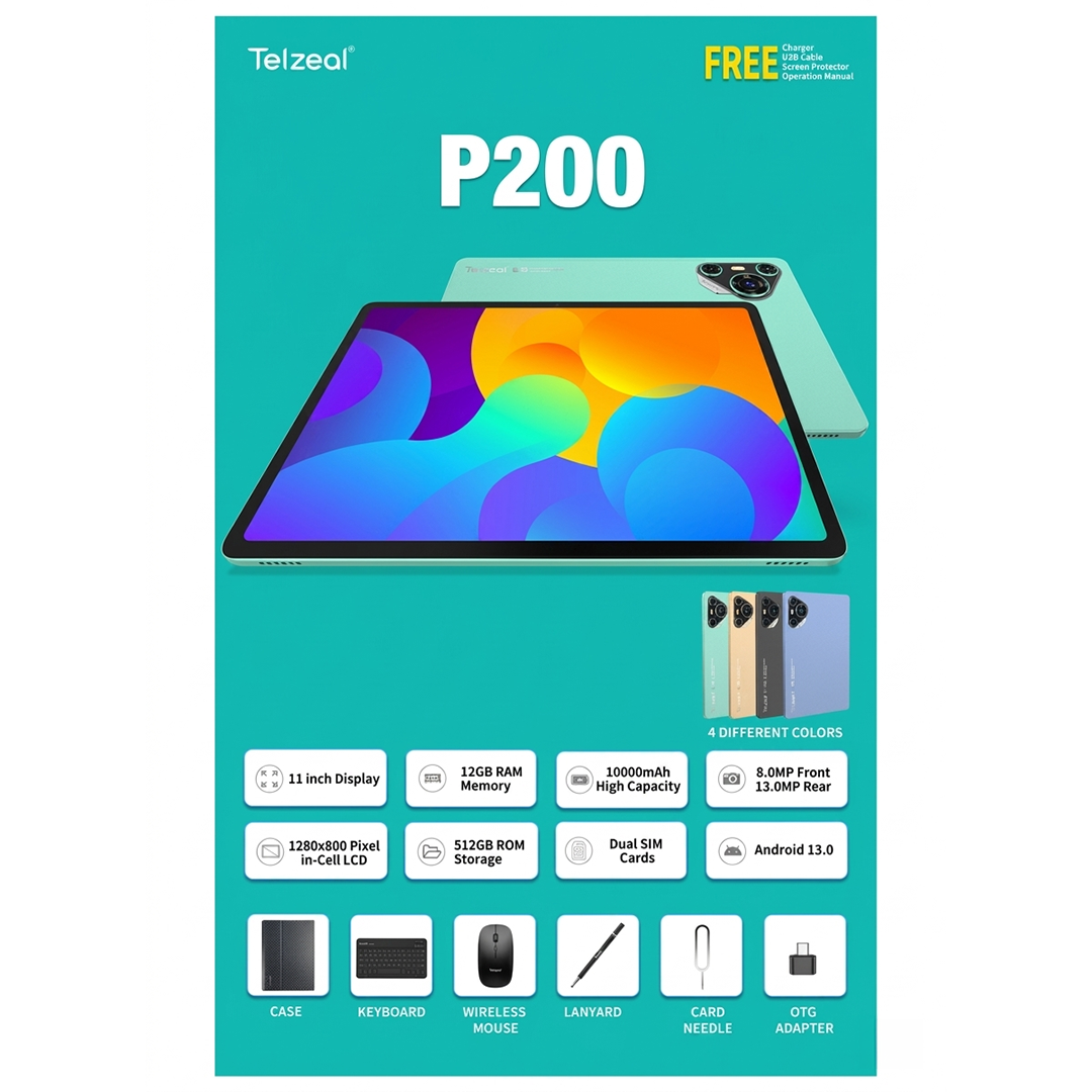 P200 11-Inch Android 13 Tablet | 12GB RAM + 512GB Storage | 10000mAh Battery | Dual SIM 4G LTE | Wireless Keyboard & Mouse Bundle | Slim Design for Study, Work & Entertainment – Green