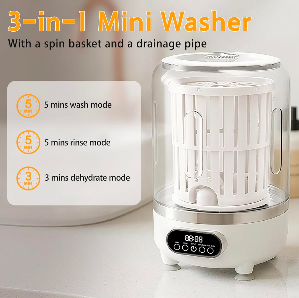 3-in-1 Portable Mini Washing Machine, 3L Cordless Mini Washer with Spin Basket, 3 Modes 3000mAh Laundry Machine for Socks, Underwear, Bra (White)