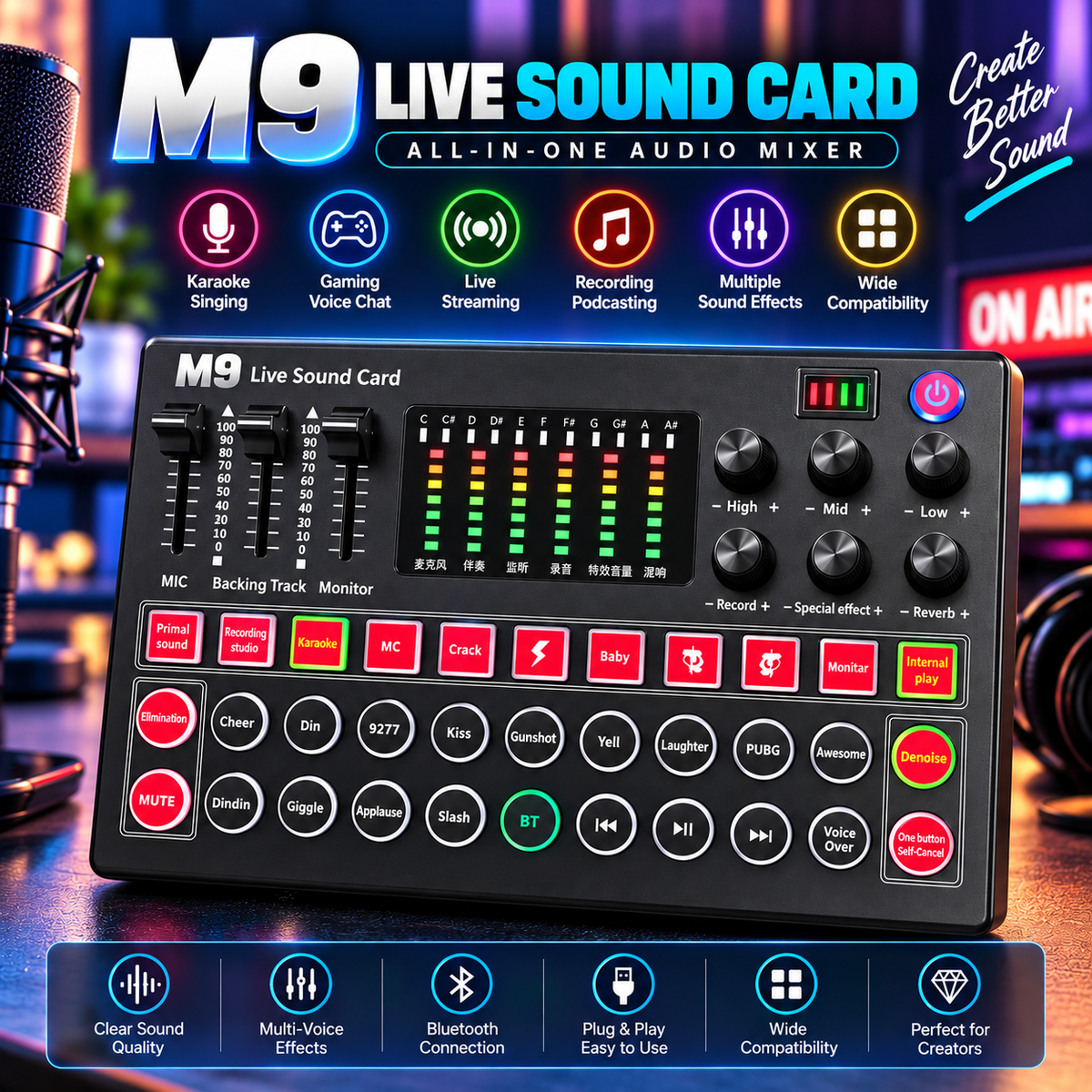 M9 Live Sound Card &Voice Mixer | Professional Audio Mixer with Bluetooth, Voice Effects & LED Display  Multi functional Tuning Sound Card, High/middle/bass Adjustable