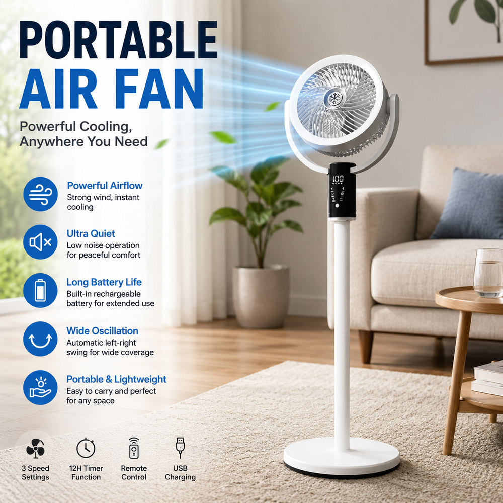 Torima F5 Air Fan, Portable Adjustable Table Fan with Powerful Airflow, 3-Speed Settings, USB Charging, Quiet Operation, Energy Efficient Cooling & Compact Lightweight, White | F5