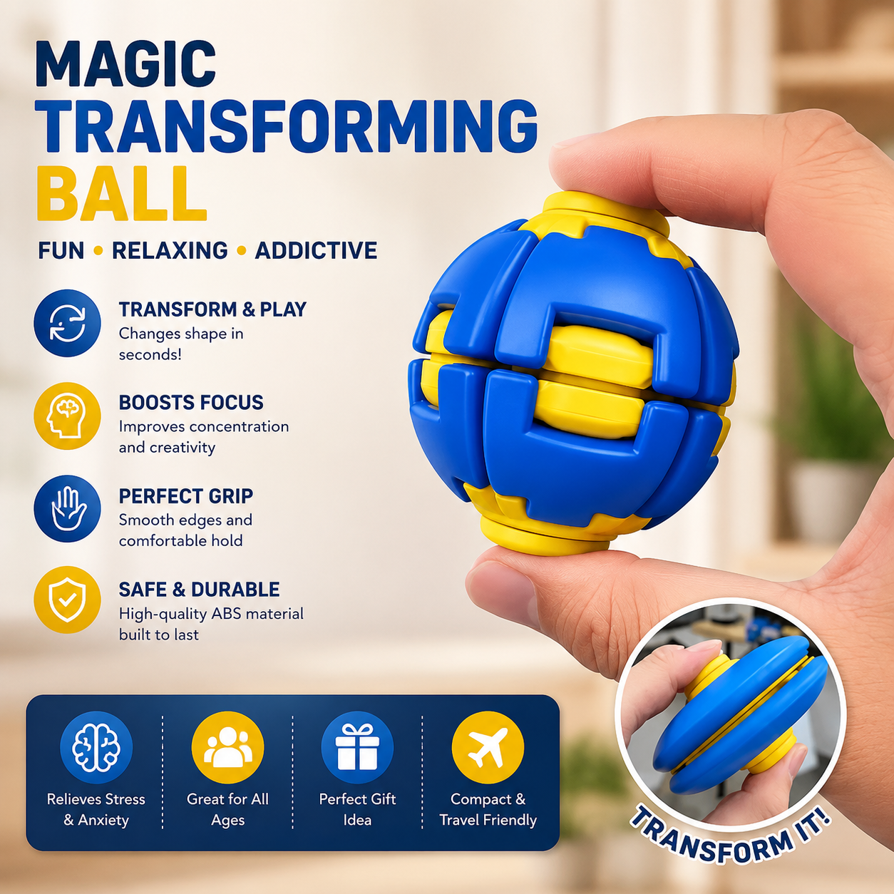 Trending | Magic Press and Spin Ball – Stress Relief Fidget Toy | Shape-Shifting Sensory Toy for Kids & Adults