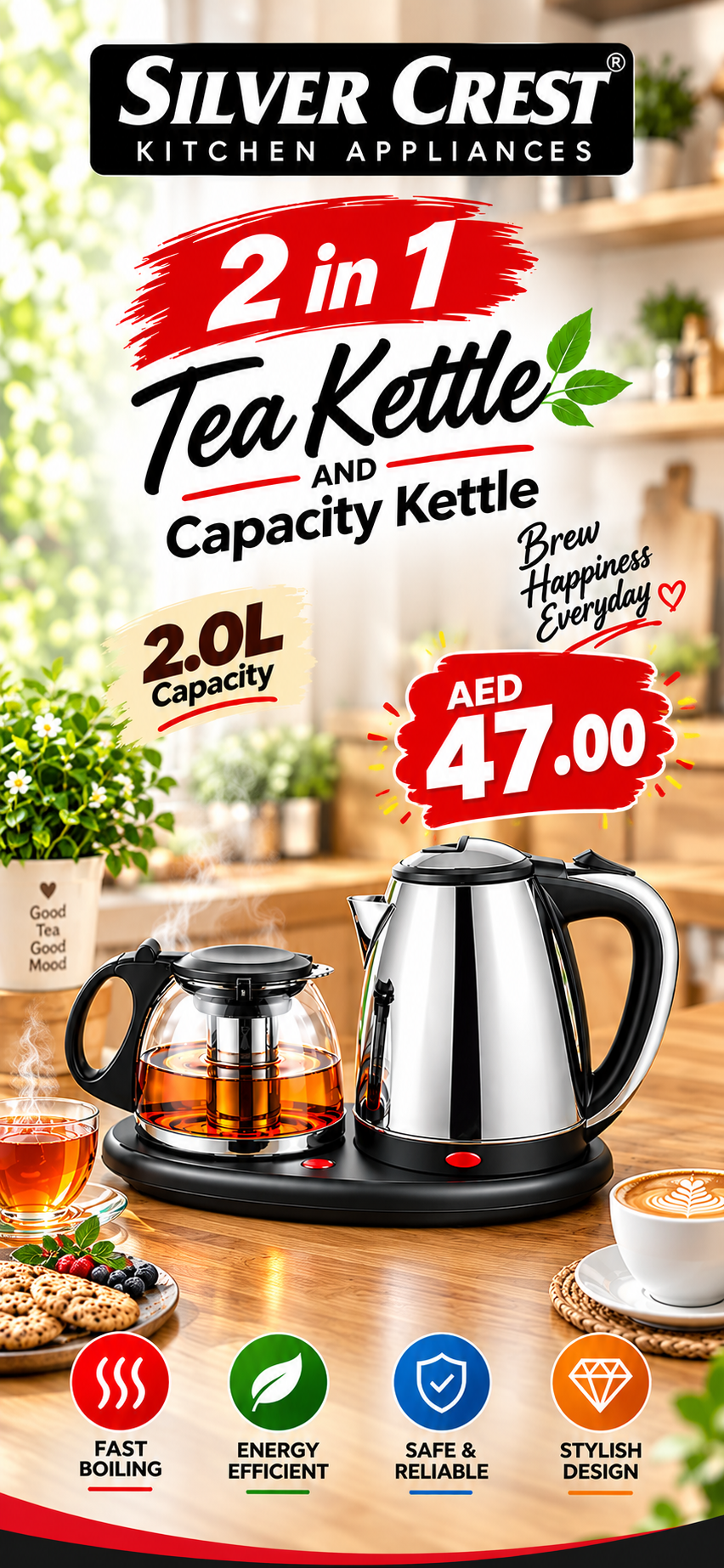 Silver Crest 2-in-1 Tea Kettle SC-266 – 2 Liter And Glass Teapot with Infuser and Tea Maker Tray, Auto Shut Off, Dry Protection