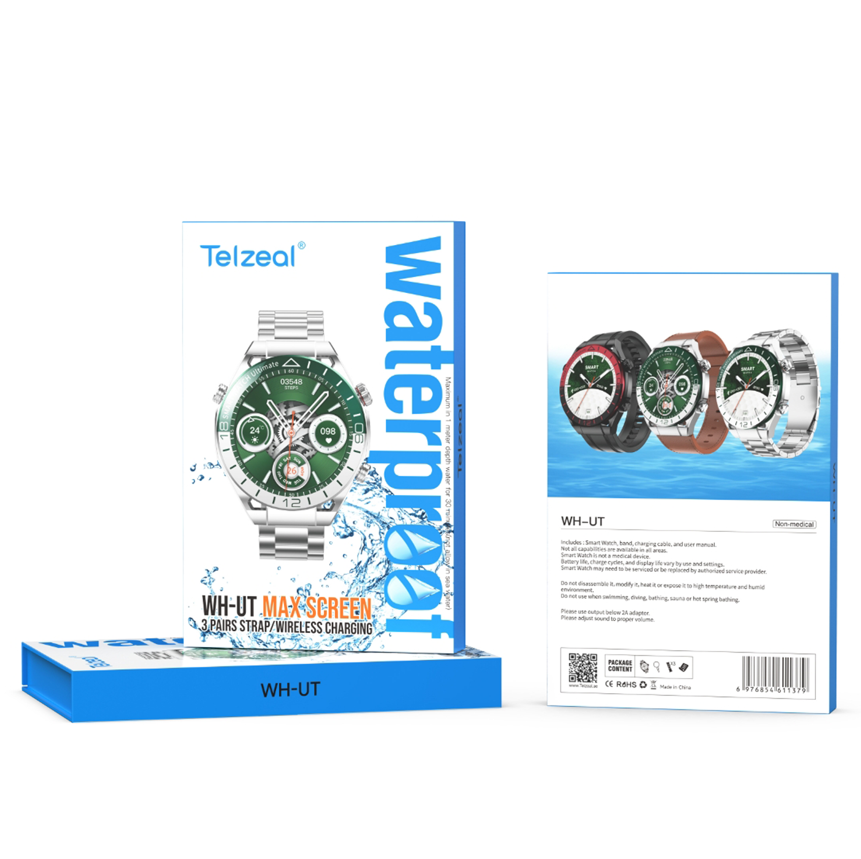Telzeal WH-UT Smartwatch with Waterproof Max Screen Wireless Charging and 3 Pair Straps,Designed for Men- Silver