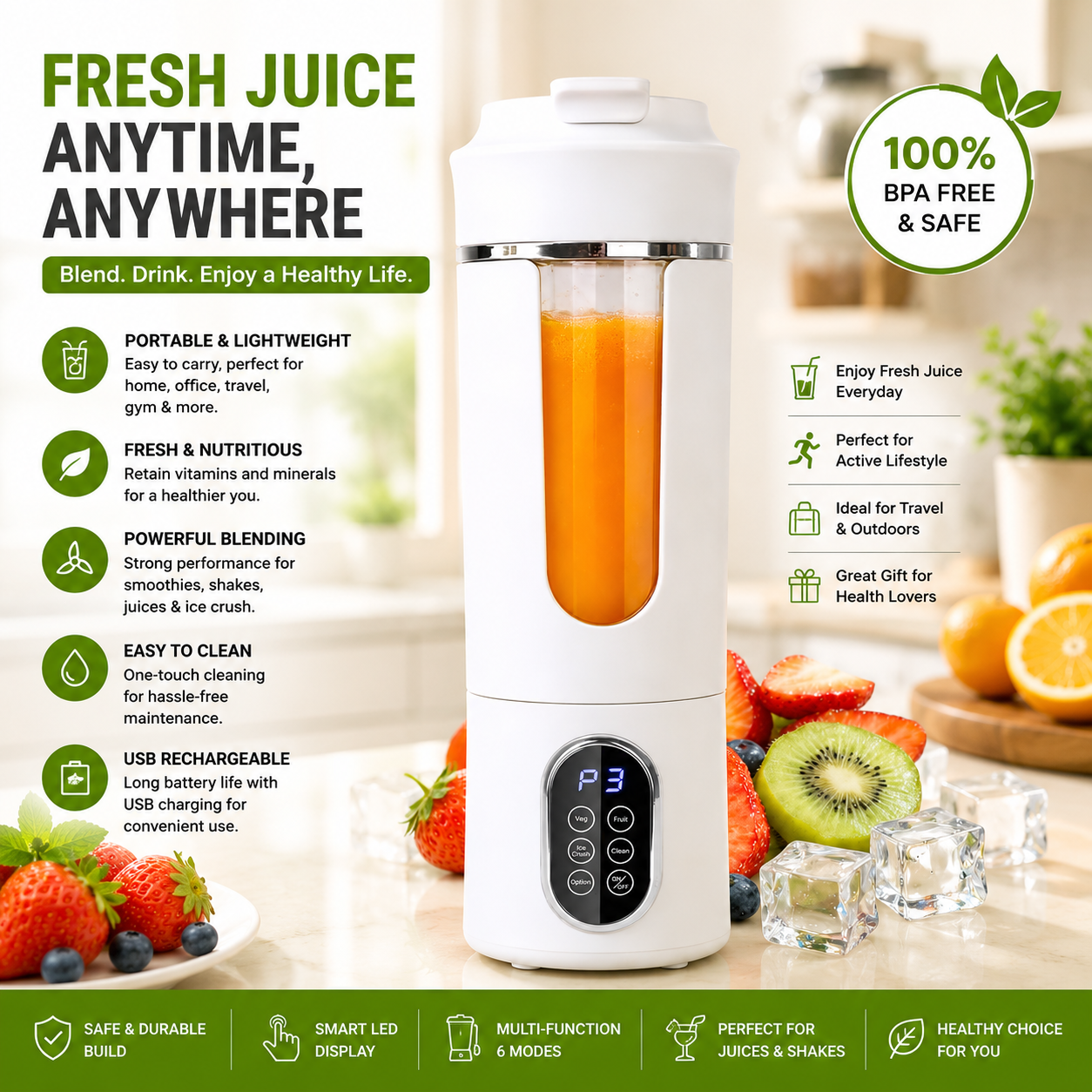 530ML Cordless Juicer Blender For Shakes and Smoothies, Portable Smoothie Blender, 12 Blades, USB-C Rechargeable, BPA Free, Leakproof Flip and sip, Travel Blender
