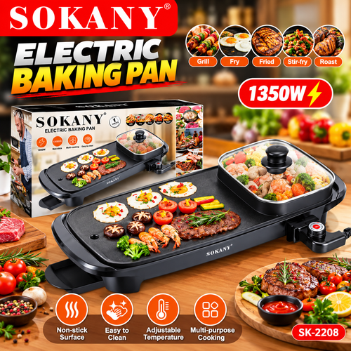 Sokany Electric Barbecue Grill 2200W 2 In 1 Indoor Non-Stick Electric Hot Pot And Griddle For Korean Bbq, Steaks SK-2208
