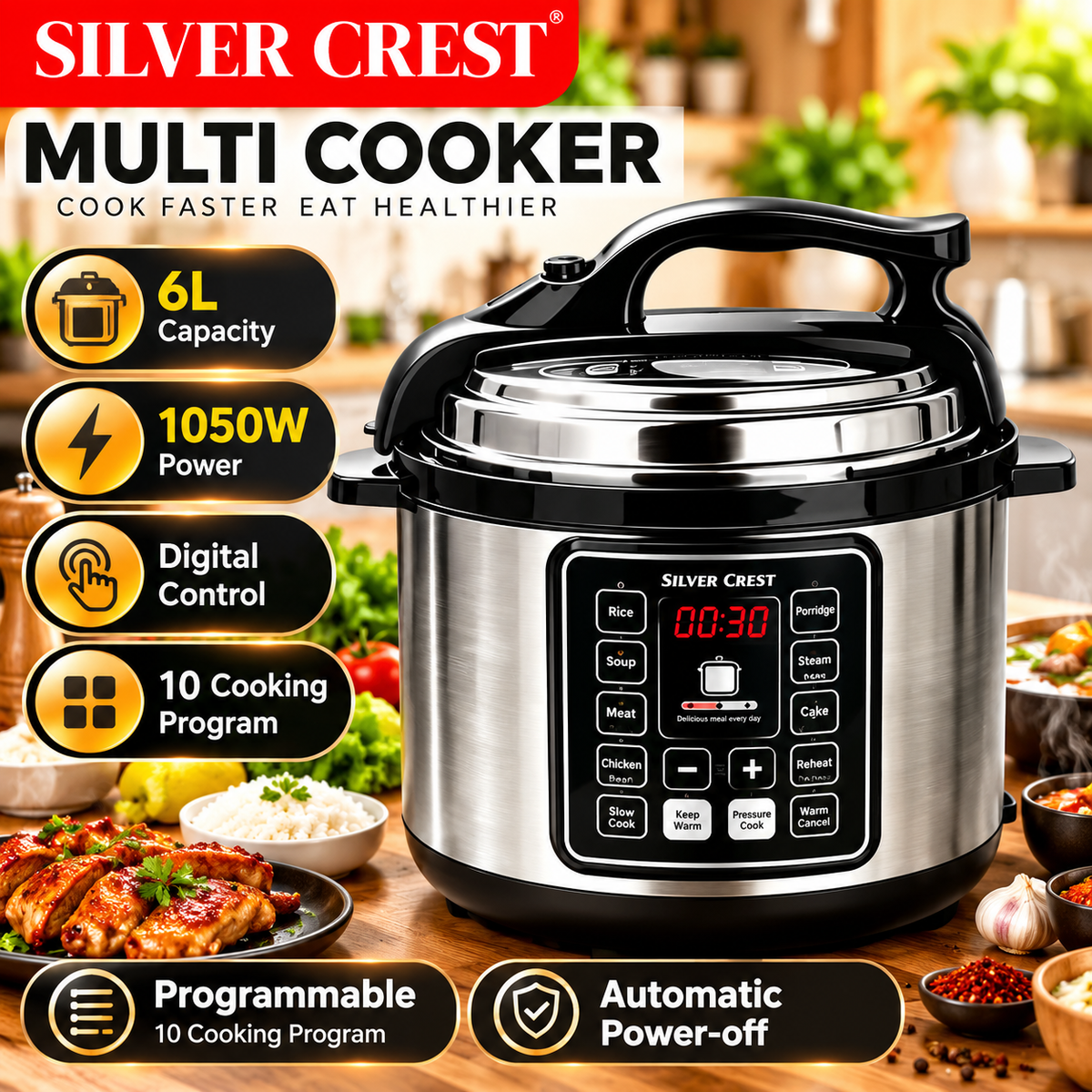 Silver Crest 6L Electric Pressure Cooker – 1050W Multifunctional Digital Programmable Cooker, Digital Controls, 10 Cooking Programs, Programmable Rice Cooker, Fast Cooking & Keep Warm Function