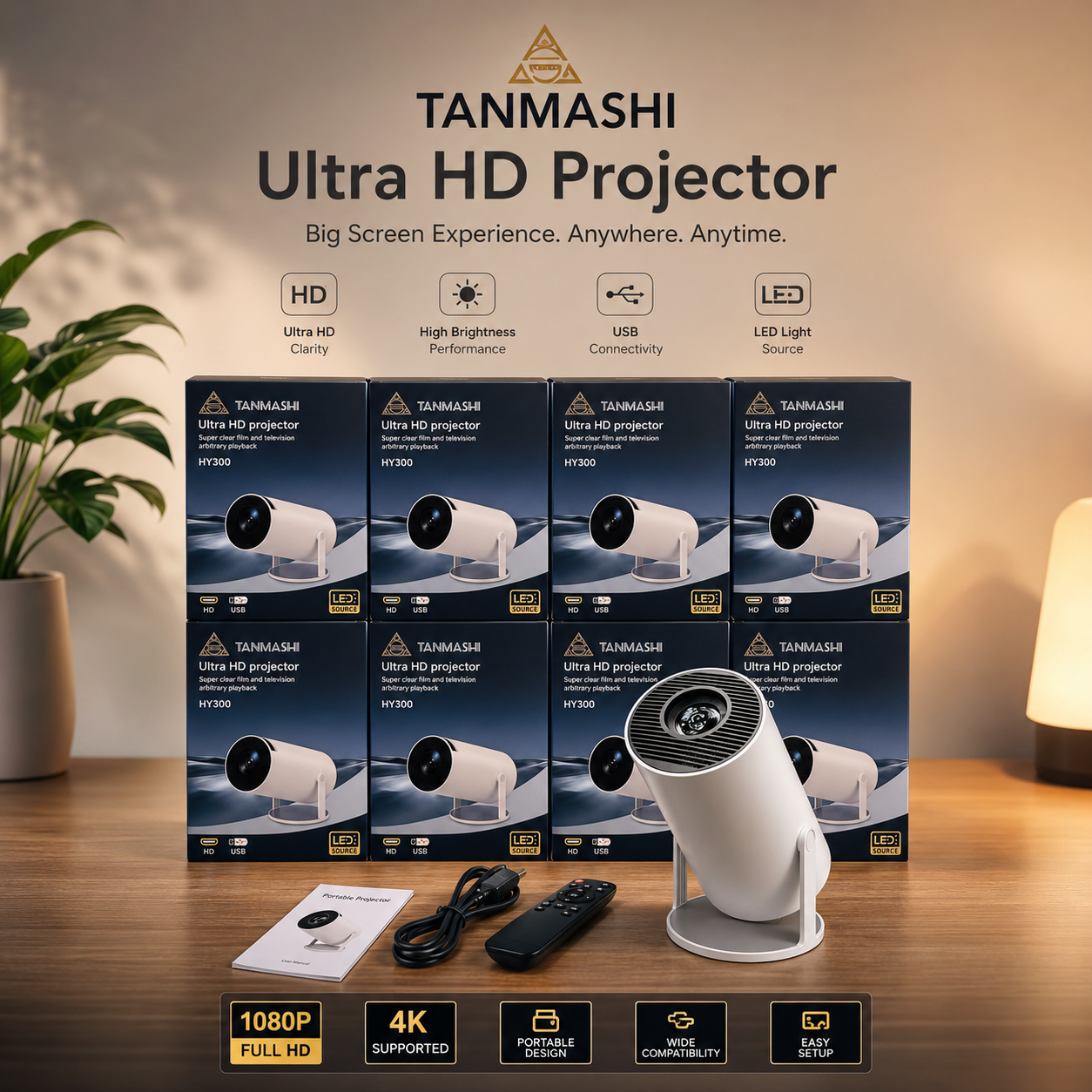 TANMASHI HY300 Ultra HD Portable Smart Projector | WiFi, Bluetooth, 1080P Support, Mini Home Theater