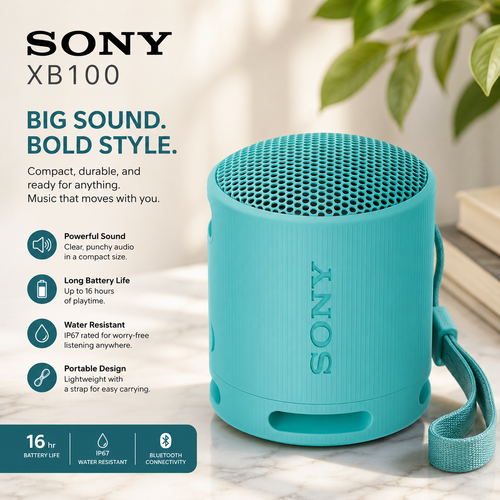 Sony SRS-XB100 Wireless Bluetooth Speaker, Portable, Lightweight, Compact, Outdoor, Travel Speaker, Durable, IP67 Waterproof,16 Hour Battery, Carry Strap, Hands-Free Calling, Blue