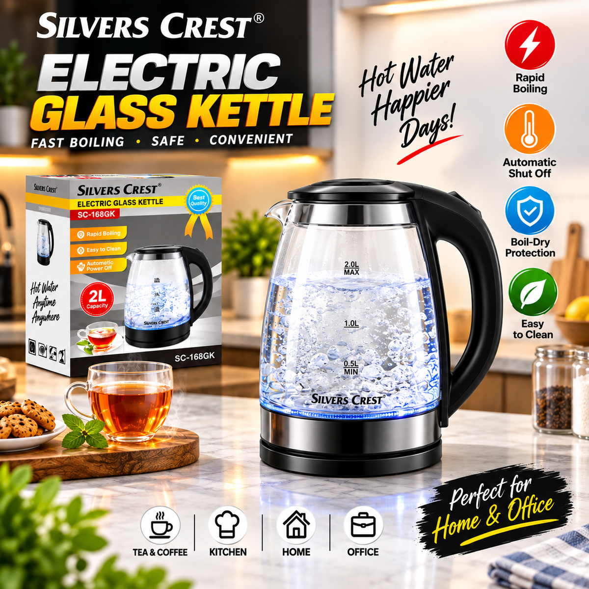 Silver Criest SC 168GK -Electric Glass Kettle, 2L, Blue LED, 1500W, Auto Shut-Off, Transparent, Fast Boiling for Tea & Coffee