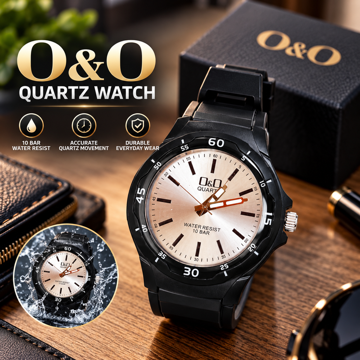 O&O Quartz Men's Analog Sports Watch – Water Resistant, Luminous Dial, Silicone Strap