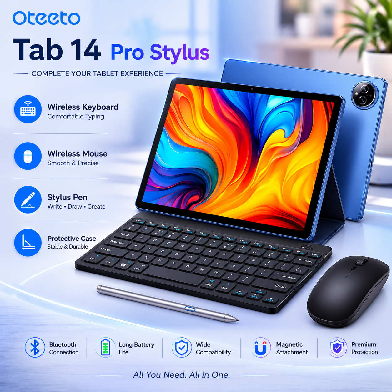 Oteeto TAB14 Pro | Android 15 & 11.0" INCELL 1280x800 Display | 12GB RAM + 512GB ROM | 5G Wi-Fi & 8000mAh Battery | 8.0MP Front + 13.0MP Rear Camera | Include Keyboard & Mouse