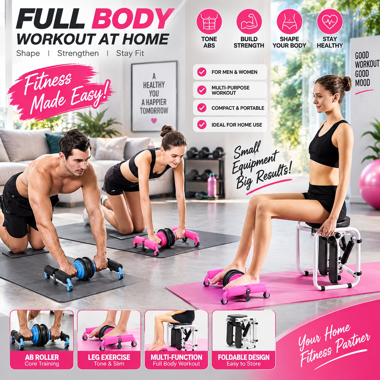 Multifunctional Abdominal Wheel Roller | 4-Wheel Core Trainer & Full Body Exercise Roller ,Home Gym Fitness for Men Women