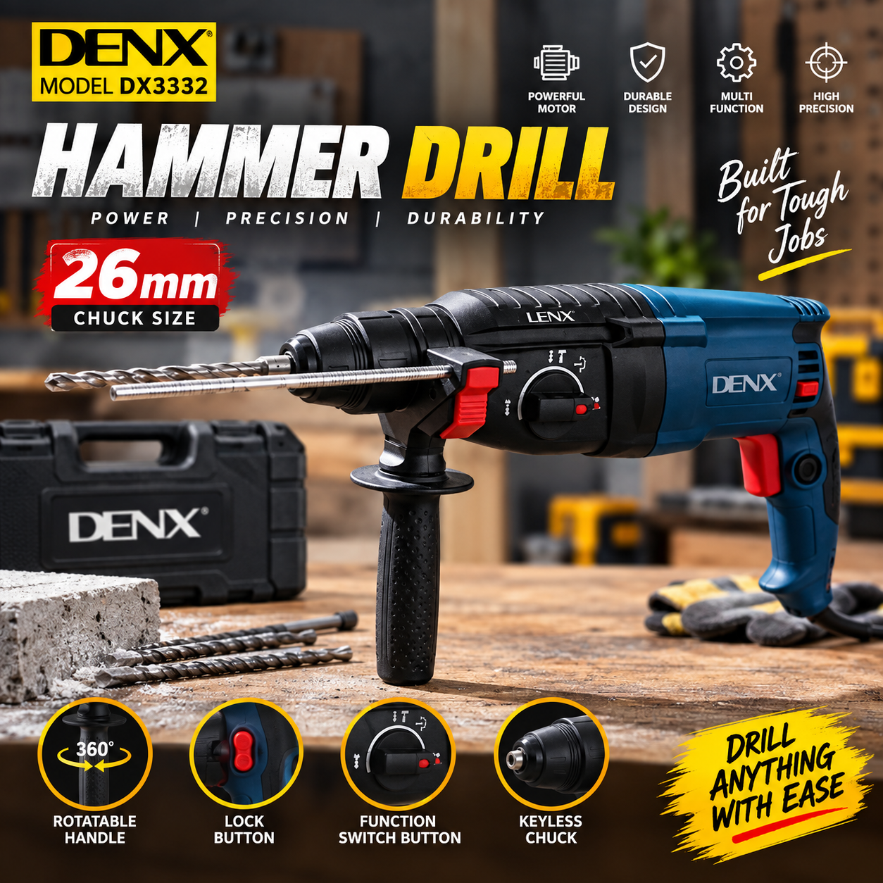 DENX DX3332 Hammer Drill 900W – 26mm Chuck Heavy-Duty Electric Drill | Drill designed for heavy-duty drilling tasks