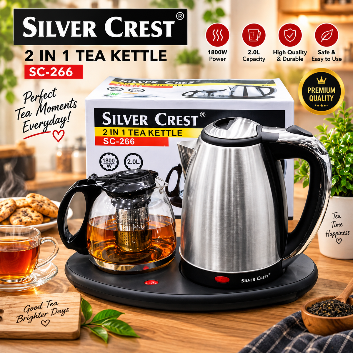 Silver Crest 2-in-1 Tea Kettle SC-266 – 2 Liter And Glass Teapot with Infuser and Tea Maker Tray, Auto Shut Off, Dry Protection