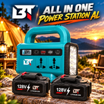 BT |  All-in-One Power Station – 128V Lithium-Ion Battery | Portable Power Supply with LED Light