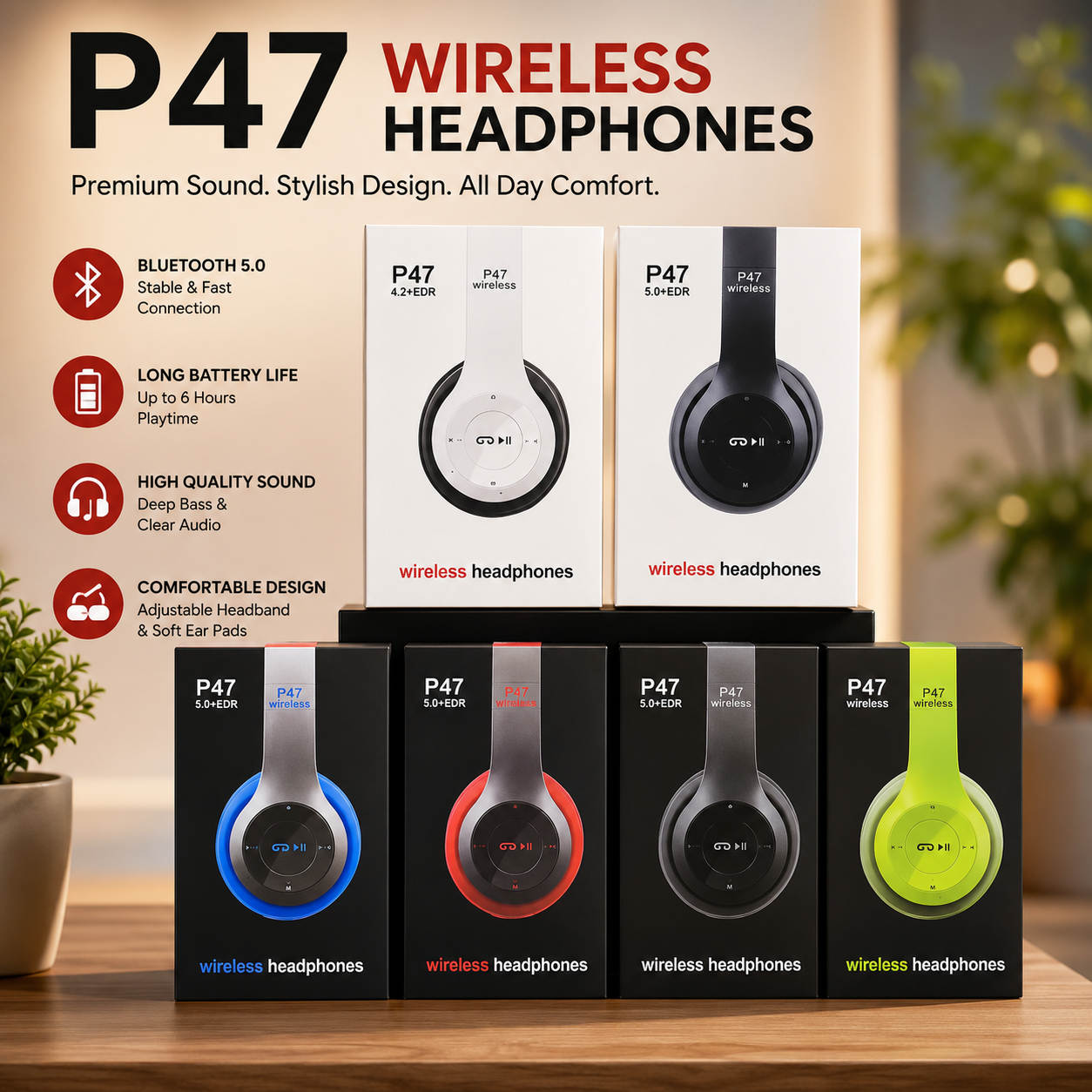 P47 Wireless Bluetooth Headphones | Foldable Stereo Headset with Built-in Microphone & Deep Bass