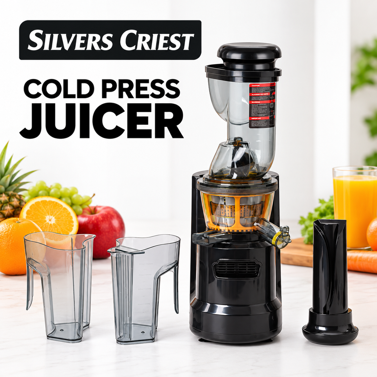 Silver Crest 3-in-1 Cold Press Juicer Machine, Stainless Steel Multi-Function Slow Juice Extractor for Fruits & Vegetables, Orange Juice Maker for Home, Office, Cafe, Restaurant | SC-1591