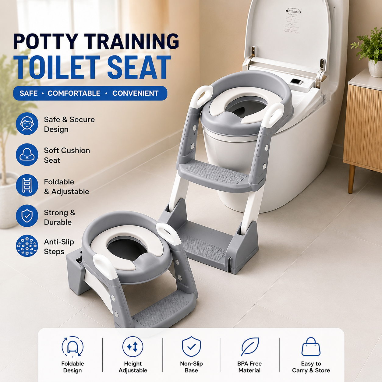 Kids Multifunctional Toilet Training Seat with Step Ladder | Foldable Potty Training Seat | Adjustable Non-Slip Toilet Trainer
