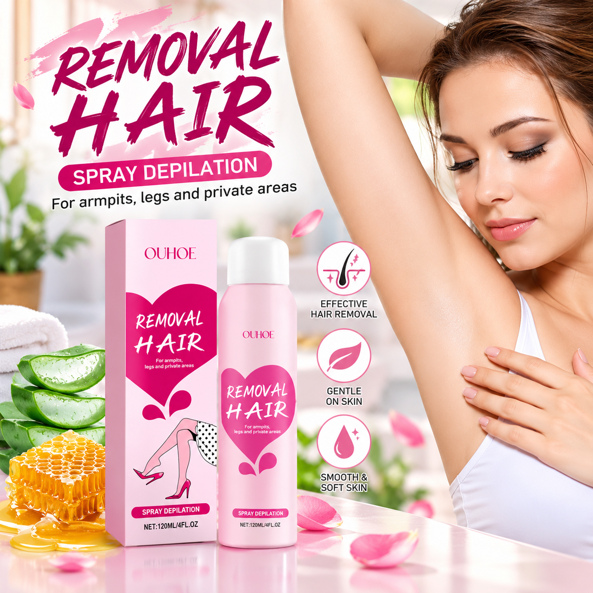 OUHOE  Hair Removal Spray 120ml, Fast and Efficient Gentle and Painless Hair Removal For Smooth Skin
