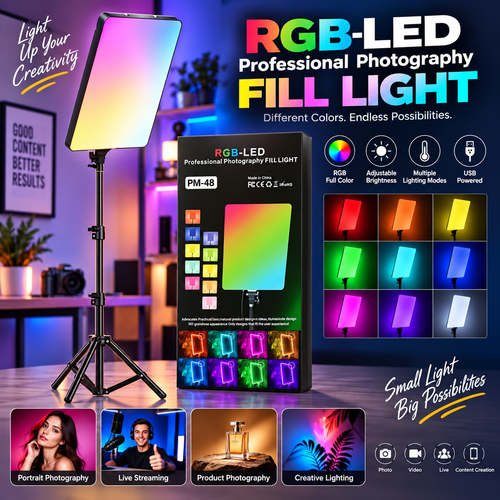 17 Inch RGB-LED PM-48 Professional Photography Fill Light – RGB Color, Adjustable Brightness & Multiple Modes | RGB LED Video Panel Light Set for Photo Studio Photography & Video Light