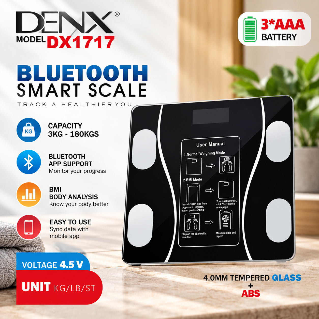 DENX Smart Digital Weighing Scale with App, Bluetooth Body Weight Scale with BMI Tracking, USB Rechargeable, Tempered Glass, High Precision Bathroom Scale for Home Fitness DX1717
