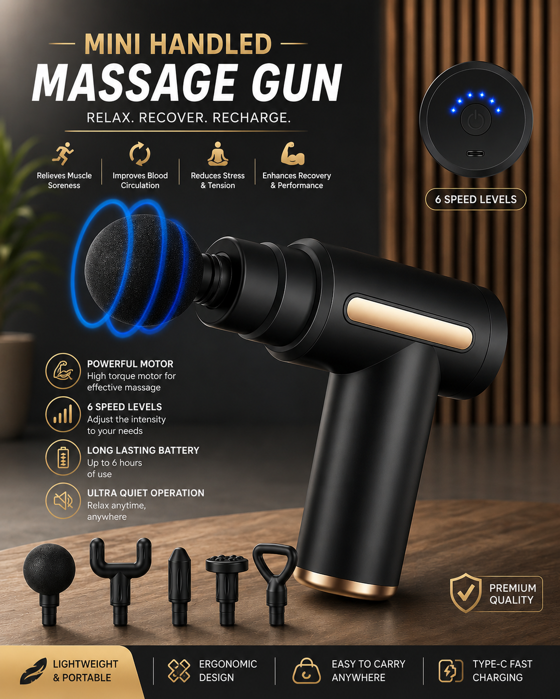 Mini Handheld Massage Gun with 4 Massage Heads – Portable Deep Tissue Muscle Massager