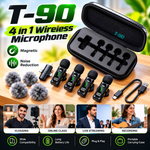 T-90 4-in-1 Wireless Microphone – 4 Mics, Noise Reduction & Magnetic Clip ,Lavalier Microphone Digital  Display Noise Cancelling