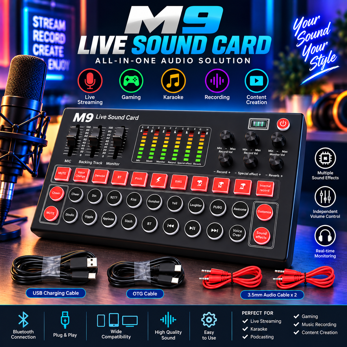 M9 Live Sound Card &Voice Mixer | Professional Audio Mixer with Bluetooth, Voice Effects & LED Display  Multi functional Tuning Sound Card, High/middle/bass Adjustable