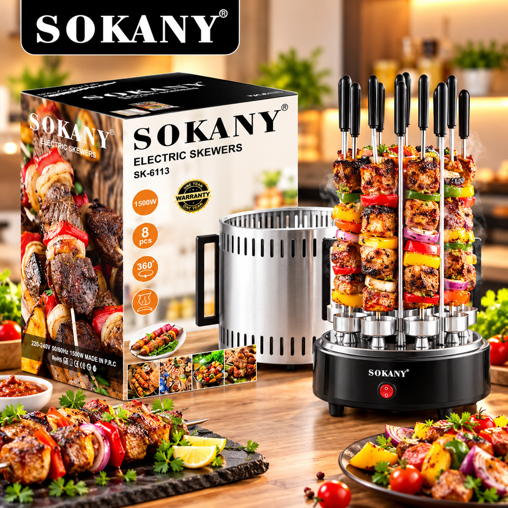 SOKANY SK-6113 Electric Skewer Grill – 1500W Rotating BBQ Kebab Maker with 8 Skewers, Grill Machine, Electric Barbecue Grill