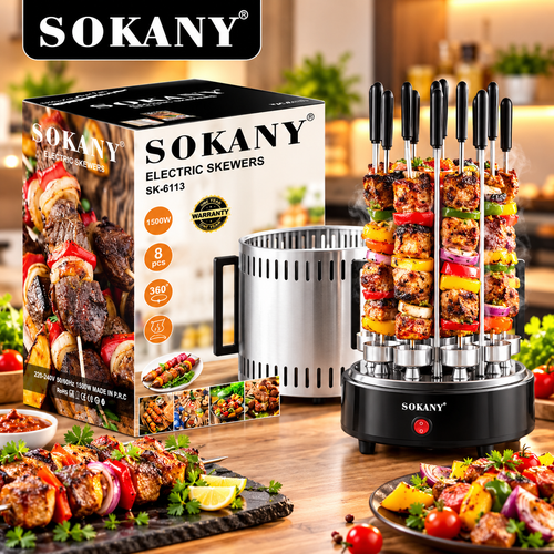 SOKANY SK-6113 Electric Skewer Grill – 1500W Rotating BBQ Kebab Maker with 8 Skewers, Grill Machine, Electric Barbecue Grill