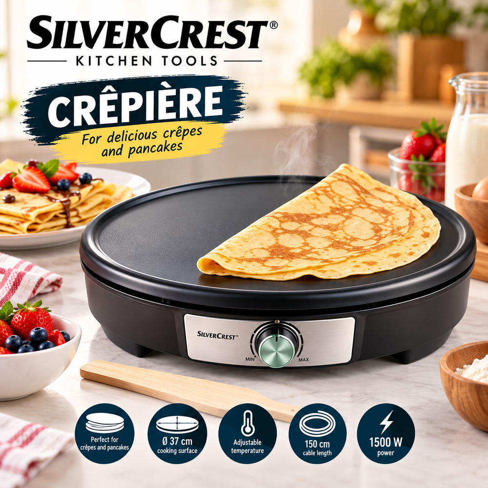 Silver Crest Electric Crêpe Maker 37cm – 1500W Non-Stick Pancake Griddle